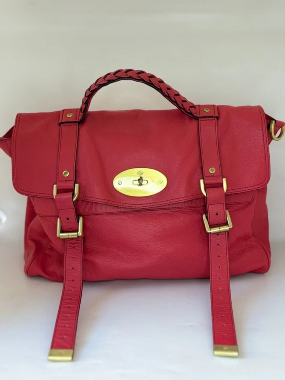 Mulberry Red Leather Satchel with Braided Top Handle